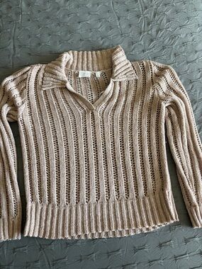 Cyrus Light Beige Open-Knit V-Neck Turtleneck Sweater